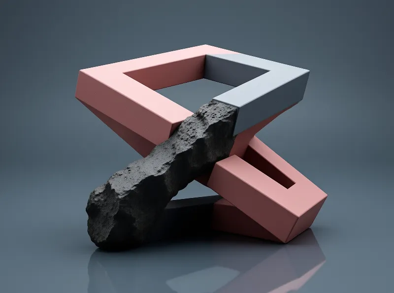 An impossible geometric shape of pink and blue blocks is crossed by a dark porous rock on a smooth gray surface with soft directional shadows.