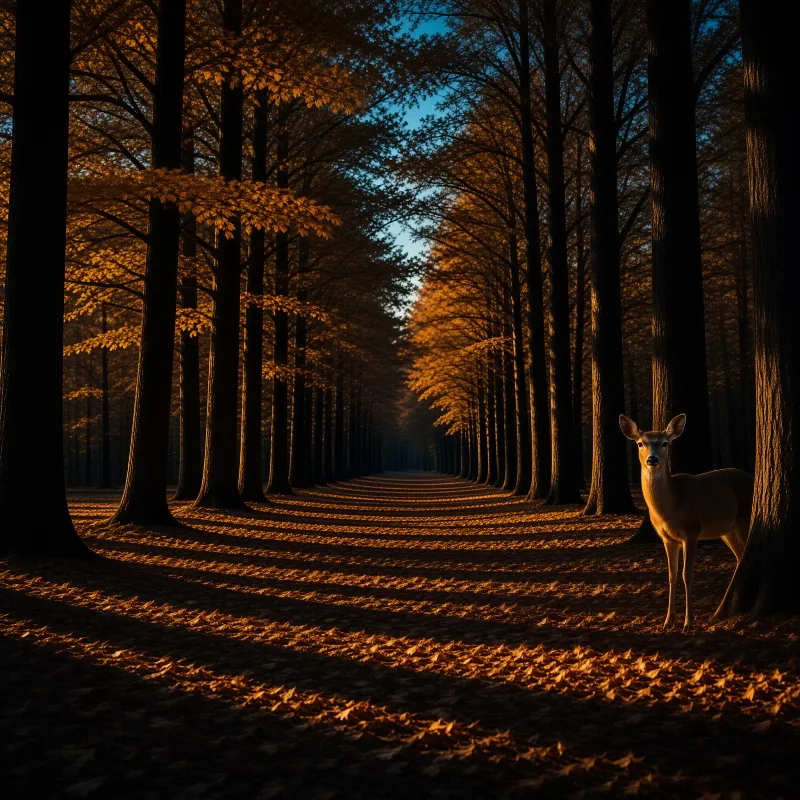 A young roe deer stands beside a tree at the right edge of a long straight forest avenue, where warm low autumn sunlight casts deep alternating shadows over fallen leaves on the ground.