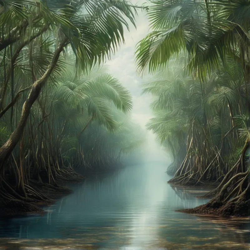 A calm river flows through a dense forest of tall palm trees with thick roots visible near the water in soft light.