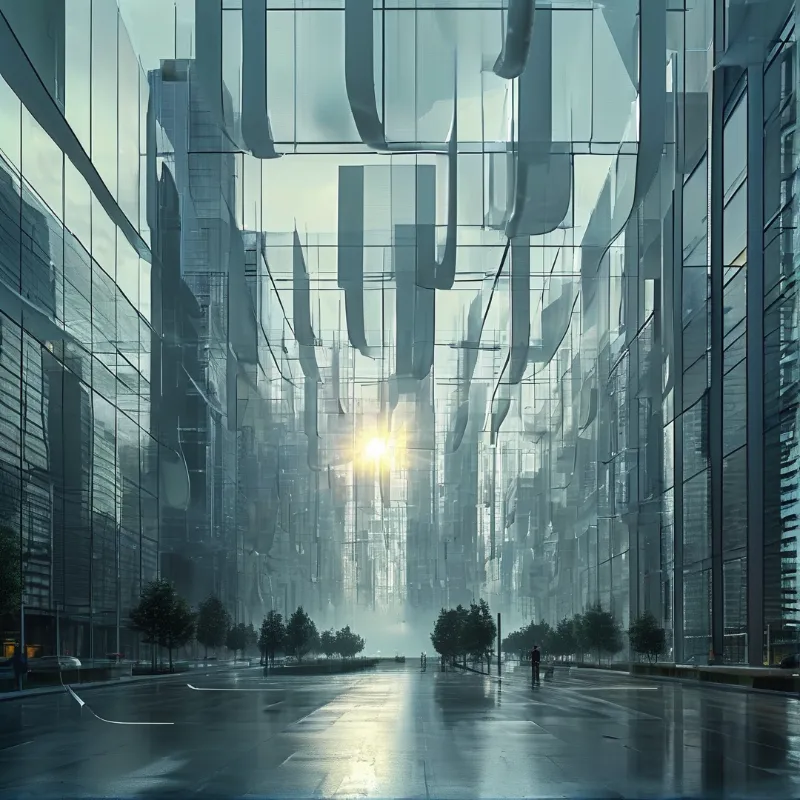 Tall glass buildings line a wet futuristic street where hanging ribbons float above a bright sunlit horizon.