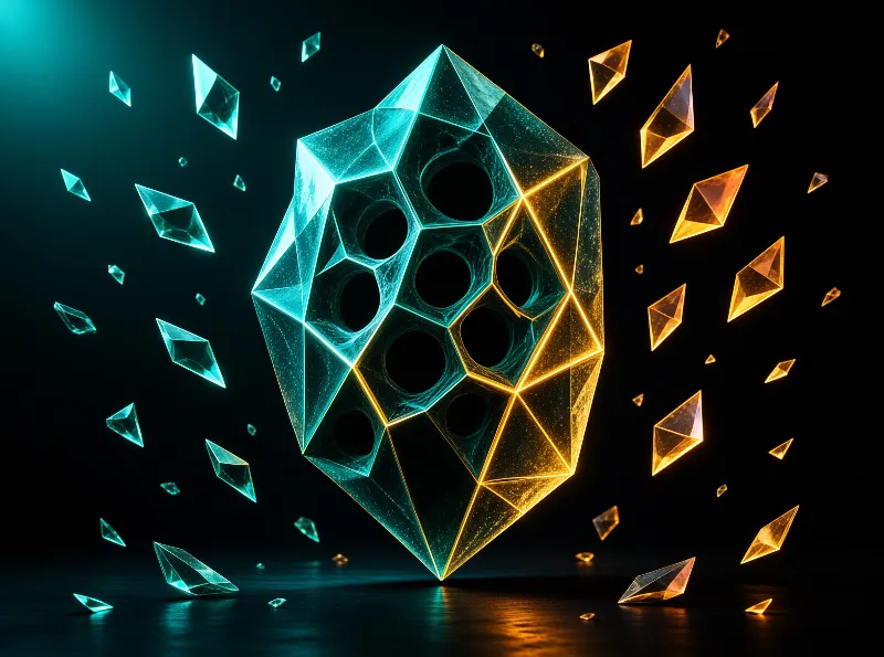 A large polyhedral structure floats surrounded by shards, glowing with cool blue and warm yellow light in a dark void.