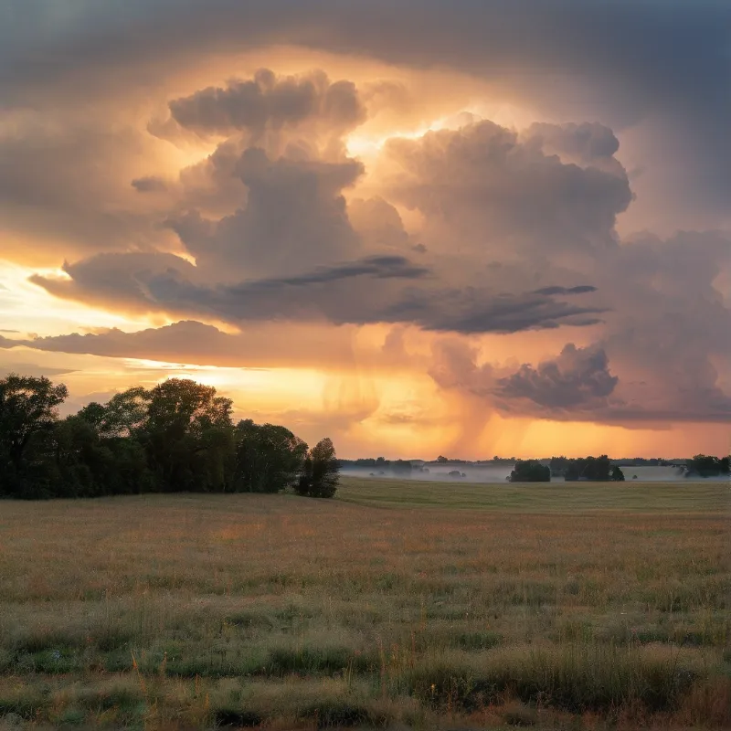 Cumulus storm clouds glow amber as a curtain of rain drifts across a wide grass field under a low evening sun