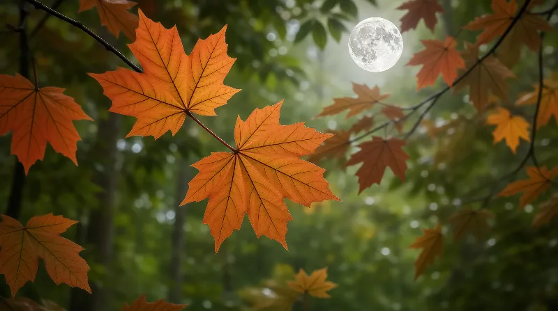 Autumn Maple Leaves and Full Moon