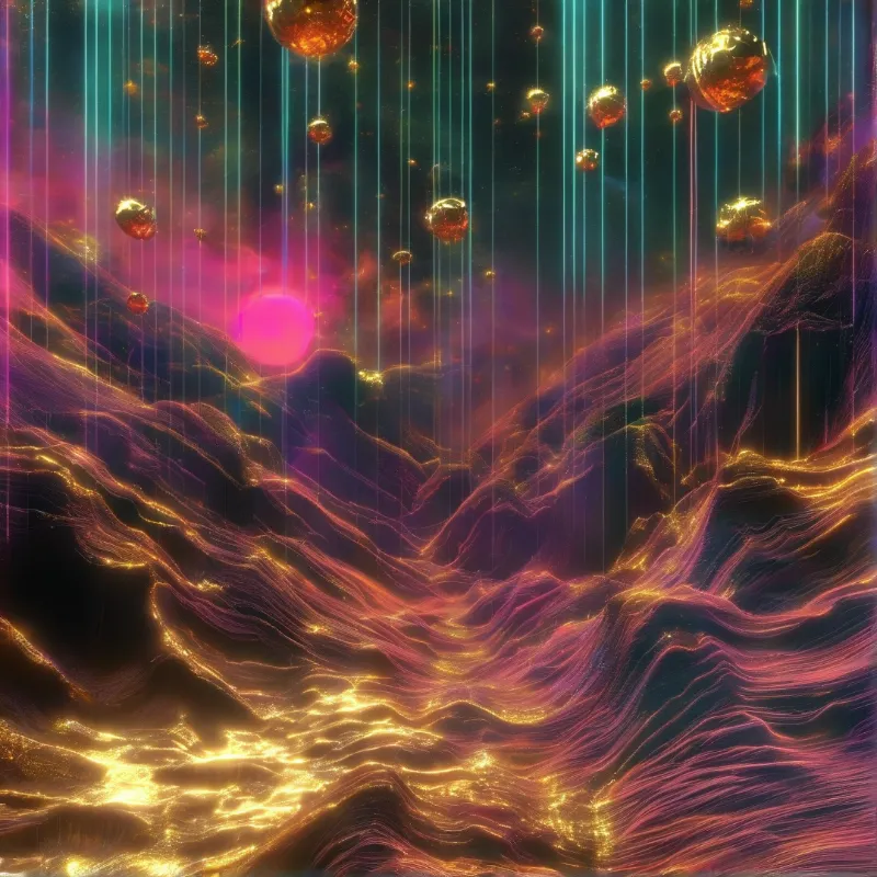 A futuristic landscape features golden textured terrain beneath a sky filled with reflective orbs and cyan laser lines.