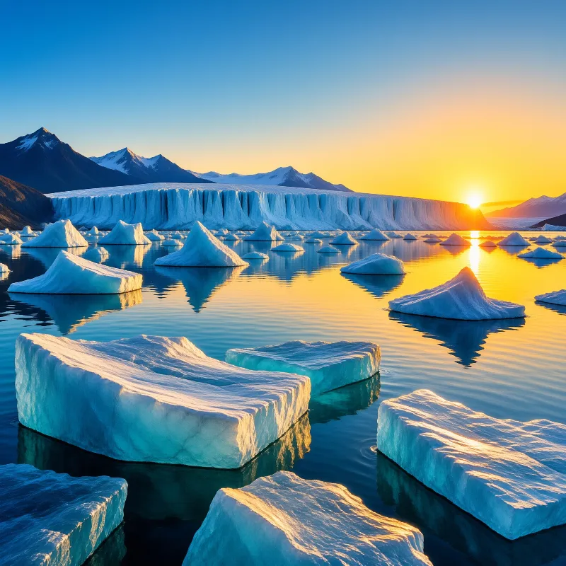 Icebergs float on calm arctic water while a tall glacier face catches the orange glow of a setting sun against snowy peaks.