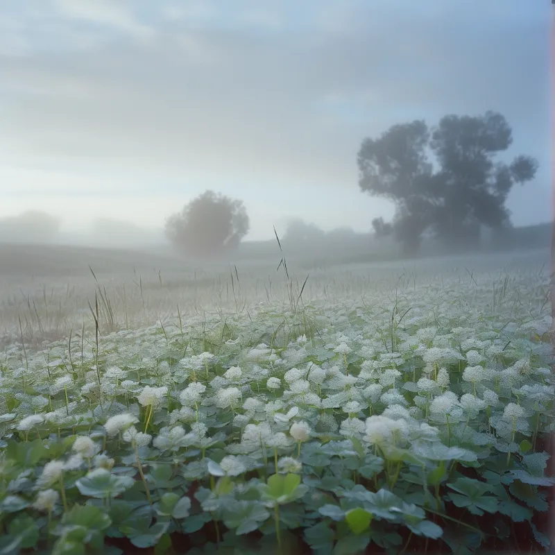 Frost like clover blossoms fill a pale meadow while blurred trees dissolve into soft grey mist