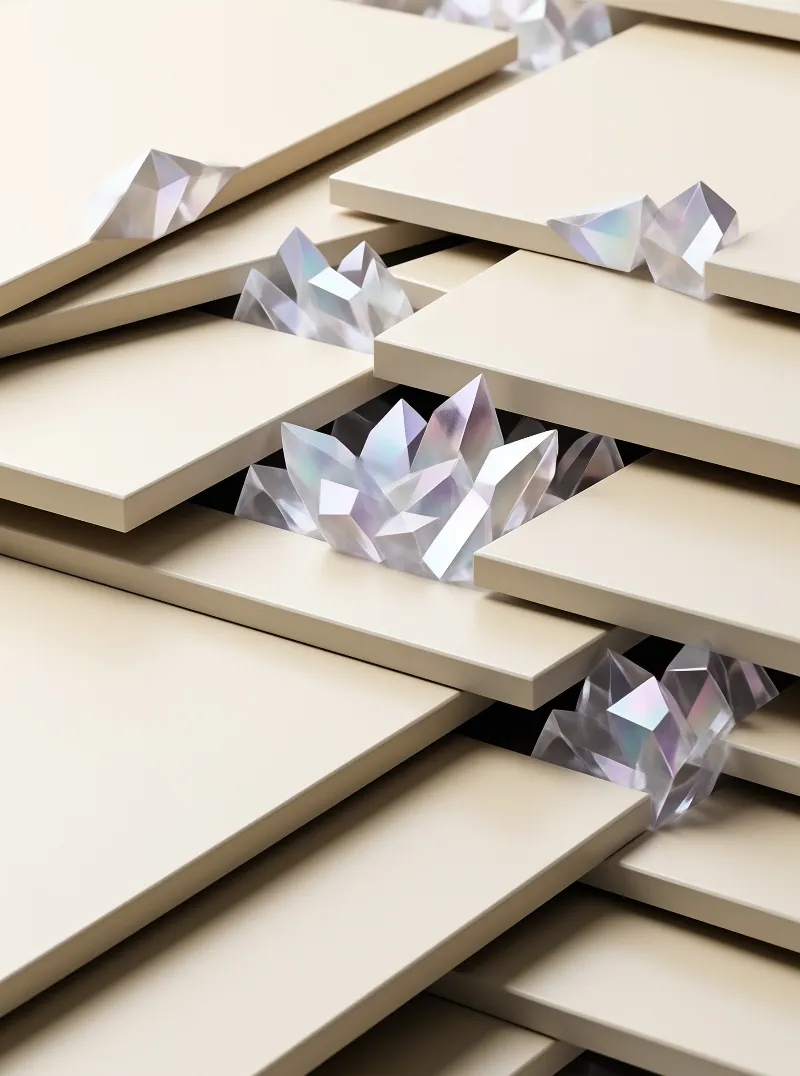 Flat beige slabs are stacked diagonally, revealing clusters of iridescent crystals in the dark gaps between the layers.