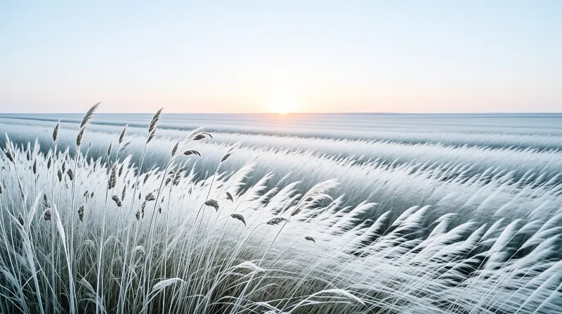 A vast expanse of ice-coated grass stretches toward a glowing horizon under a pale blue sky.