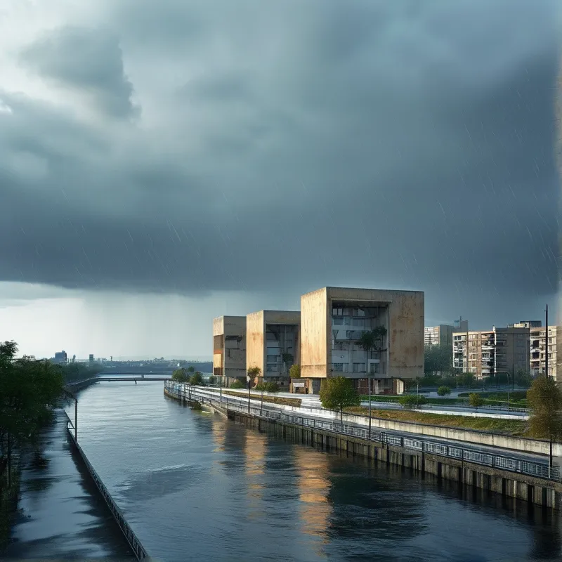 Massive concrete blocks line a riverbank during a heavy storm with dark clouds reflecting in the water.