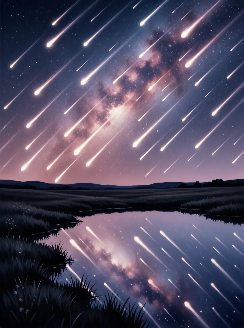A dense meteor shower streams across a deep blue night sky with the Milky Way band visible, mirrored perfectly in the still surface of a dark pond below.