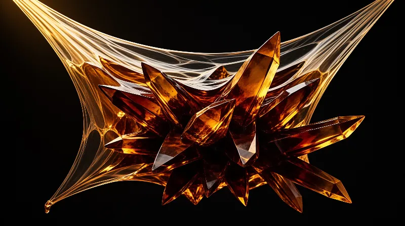 Sharp honey-coloured shards burst outward through a stretched sheet of glowing translucent film.