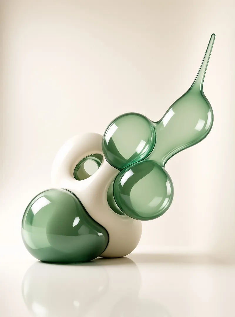 Matte cream forms interlock with glossy green glass elements on a reflective white surface.