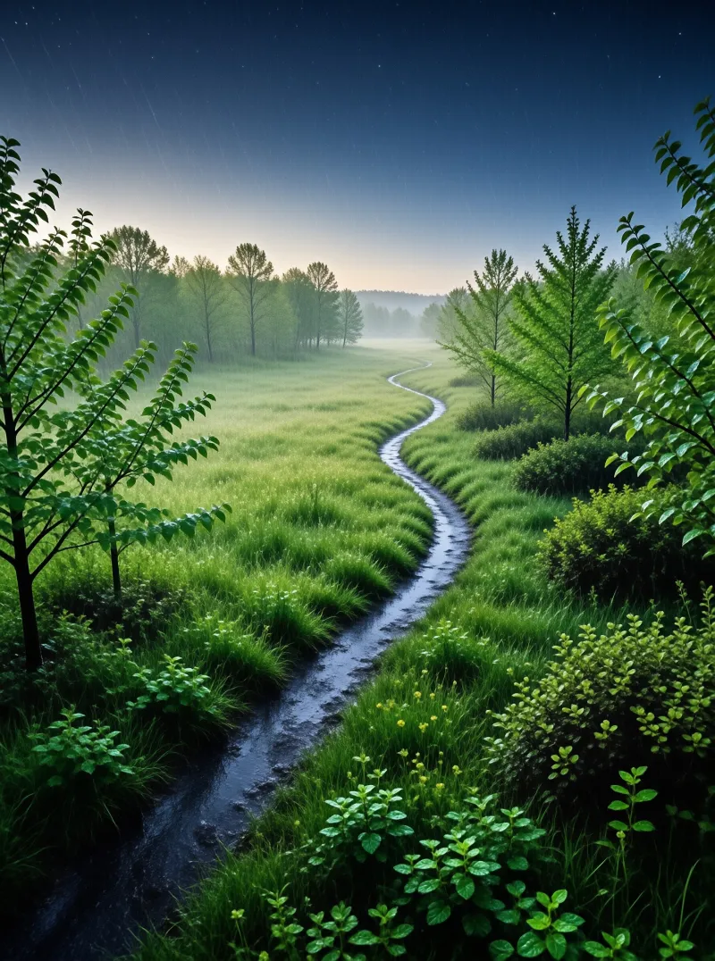 Winding Path in Misty Meadow