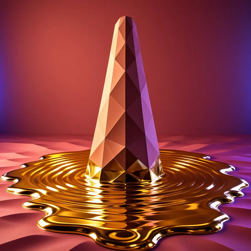 A tall faceted crystal tower stands vertically in a pool of thick golden liquid that ripples outward under warm purple lighting.