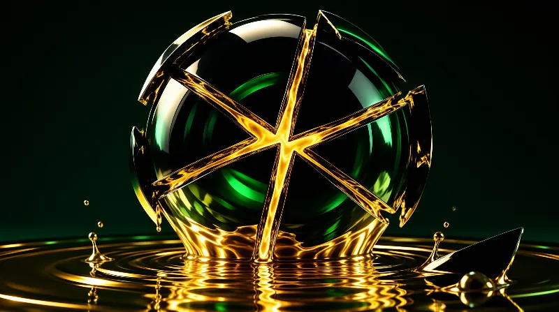 A cracked green sphere rests on rippling gold liquid, surrounded by floating droplets against a dark green background.