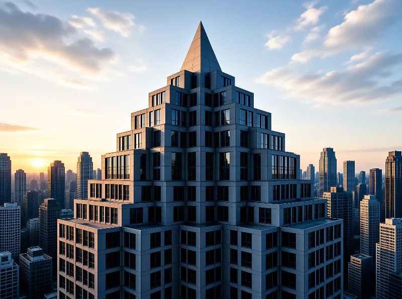 A geometric skyscraper with tiered floors and a conical top rises above a dense urban skyline at dusk.