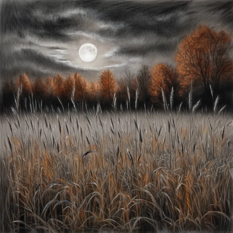 A field of tall dry grass stands before a line of brown trees beneath a glowing full moon in the dark sky.