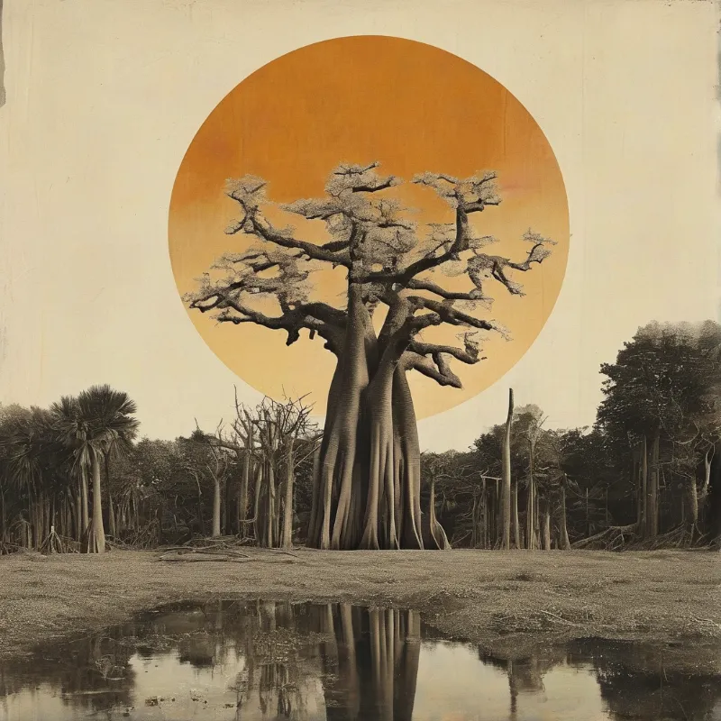 A multi-trunked tree stands in the center foreground with a large orange circle positioned behind it against a grainy sky.