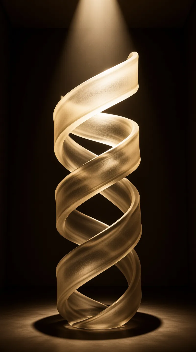 Golden twisted form stands alone in darkness illuminated by a single vertical spotlight beam.
