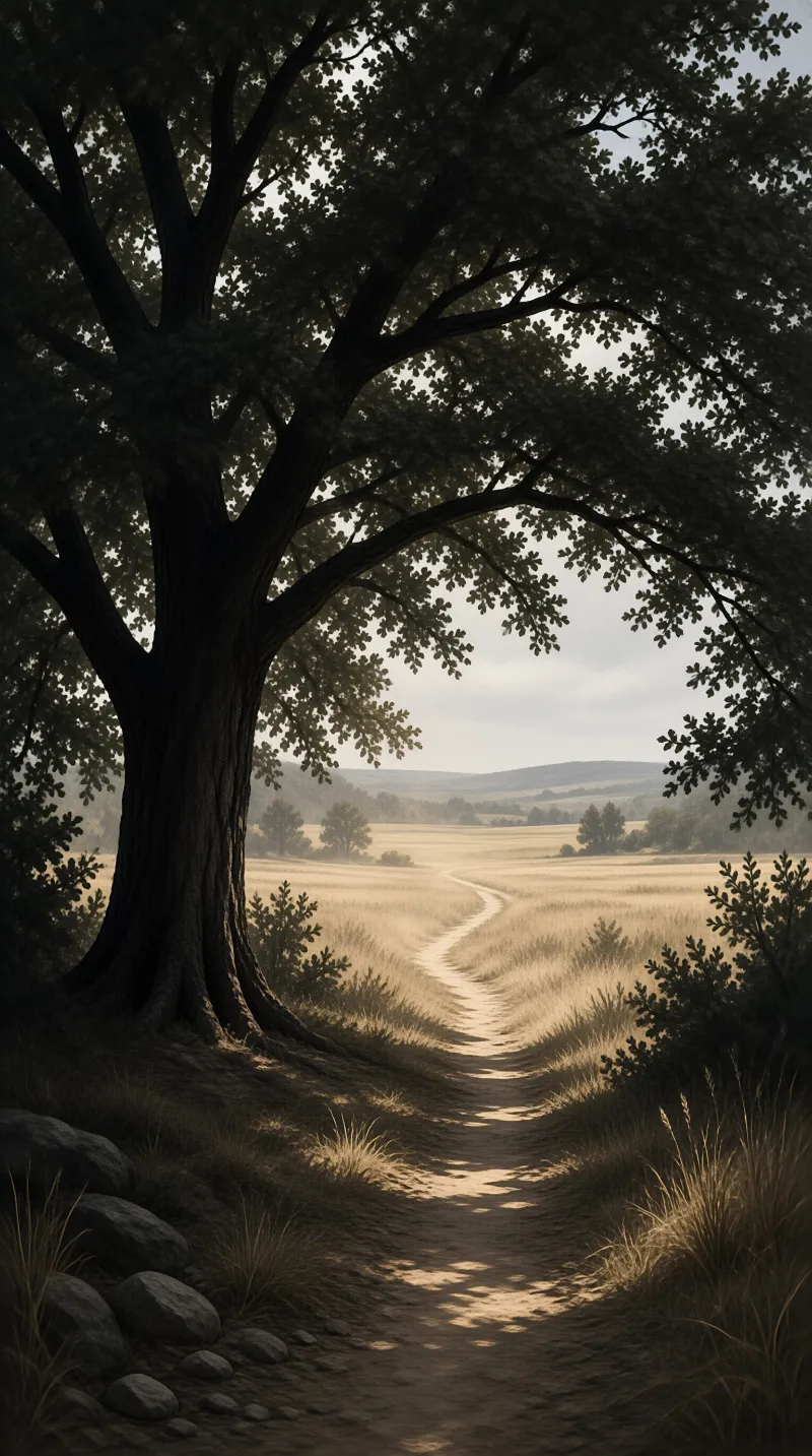 A large tree frames a winding dirt path leading through a golden field towards misty hills in soft light.