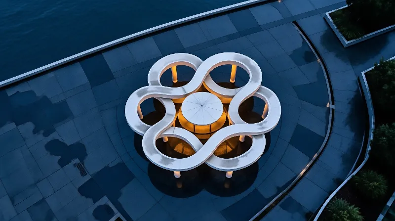Aerial view of a curvilinear white pavilion emitting warm light from within, set against wet reflective blue tiles at dusk.