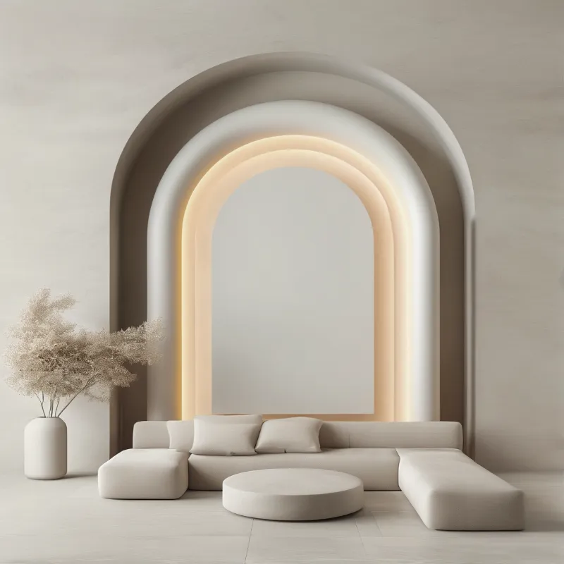 Concentric arches with a warm light strip frame the back wall of a calm beige living space.