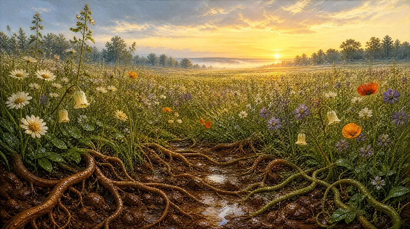 Exposed twisted roots lie in muddy ground amidst a wildflower meadow as the sun sets, casting golden light over the scene.