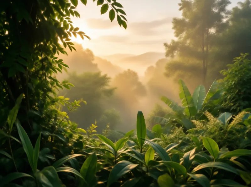 Sunrise in the Misty Forest