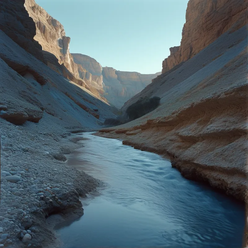 A blue stream winds through an arid canyon flanked by steep rocky walls and sandy banks.