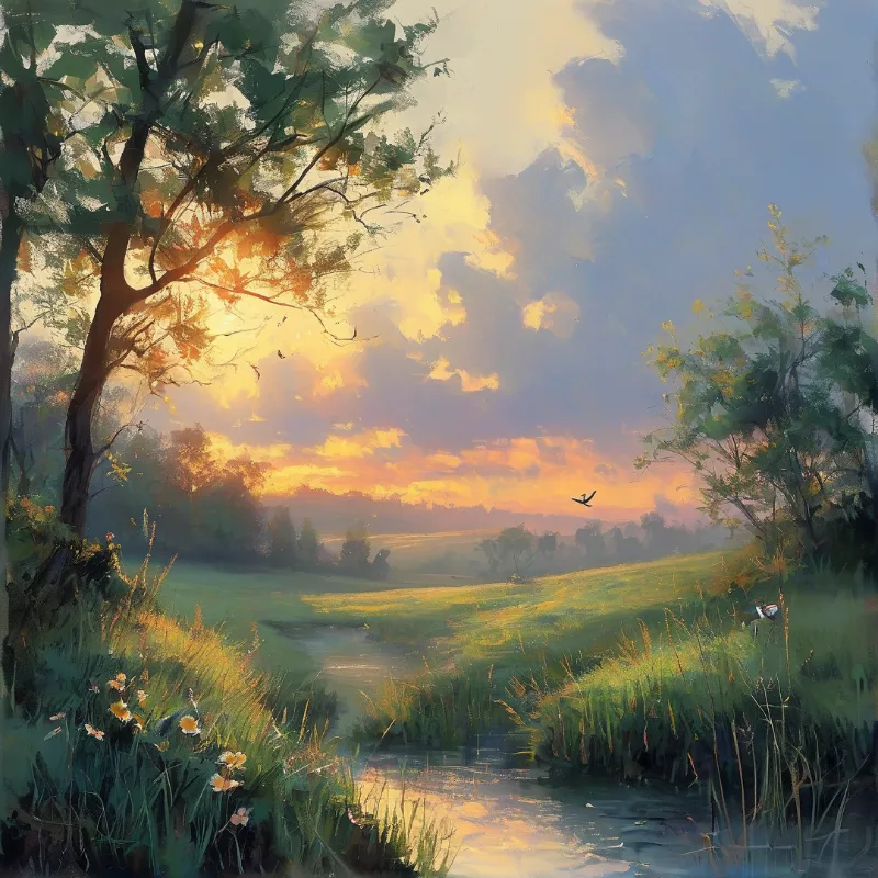 A grassy valley stream winds past lush foliage as warm sunset light catches drifting clouds and a bird flies over rolling hills.