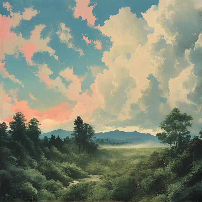 A path winds through lush greenery towards misty mountains beneath a dramatic sky of pink and blue clouds.