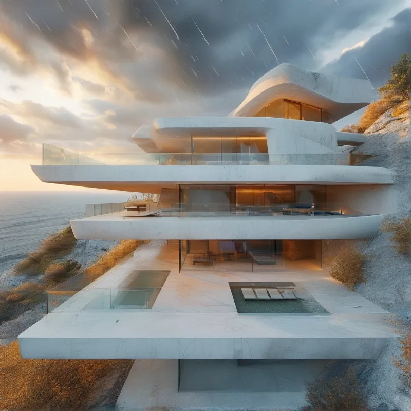 White concrete structure perched on cliffside overlooking ocean during storm.