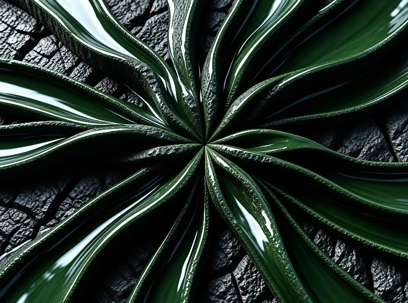 Lacquered green petals spiral outward in a pinwheel across a dark cracked surface.