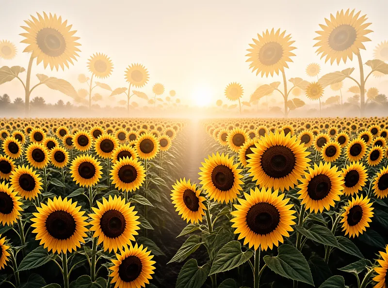 A vast field of yellow sunflowers stretches into the distance where morning fog meets the rising sun.