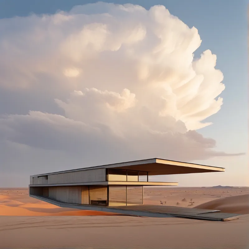 Modern concrete cantilevered house perched on arid sand dunes, under a massive sunlit billowing cloud in warm soft evening light