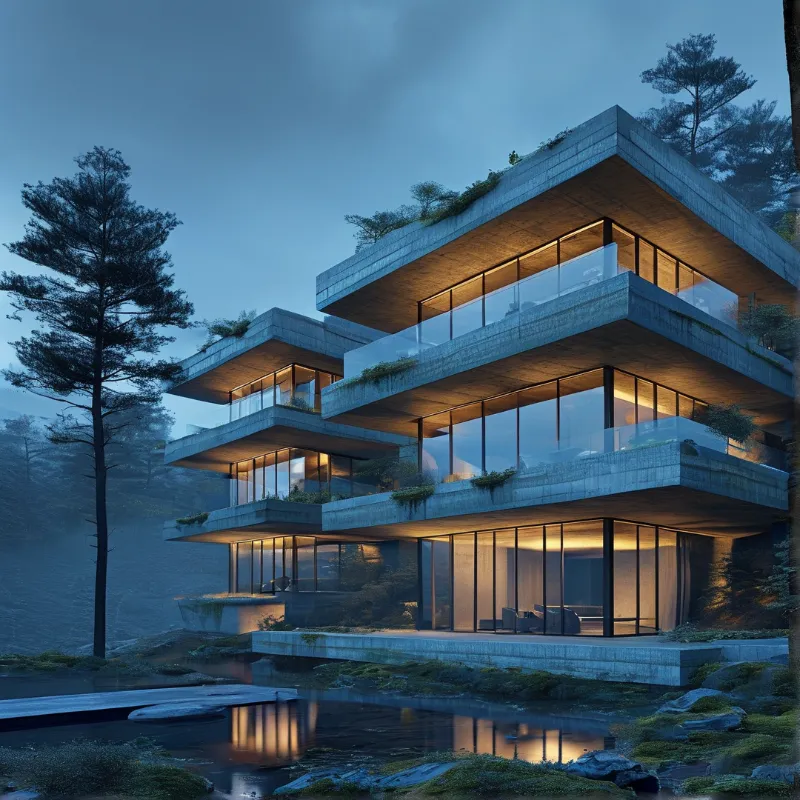 A modern concrete house glows with warm light beside a calm water reflection and tall pine trees in the mist.