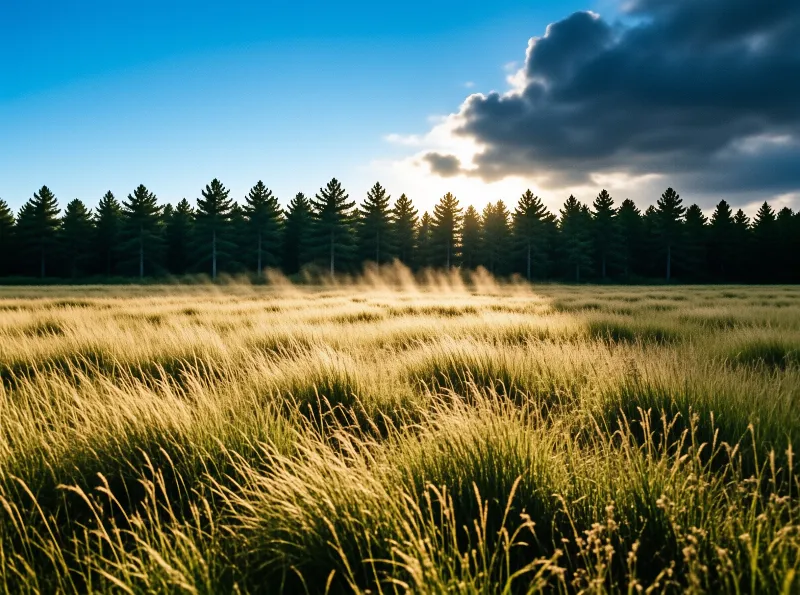Tall grasses sway in the foreground while sunlight breaks through dark clouds above a distant treeline.