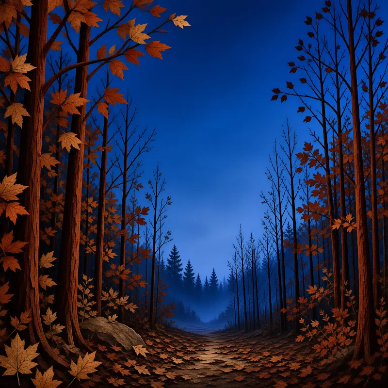 Tall trees with orange leaves frame a dirt road disappearing into foggy blue distance at dusk.