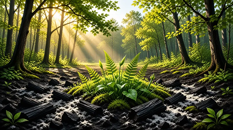 Vibrant green ferns and moss grow amidst blackened logs under beams of sunlight filtering through a dense green forest canopy.