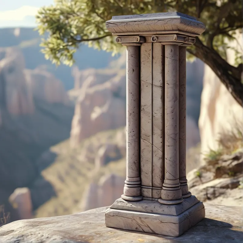 A weathered fluted stone column stands on a rocky ledge with a blurred canyon and green tree behind it.