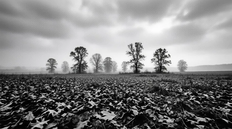 Monochrome view of lone trees along a misted horizon above a field thick with crumpled autumn leaves