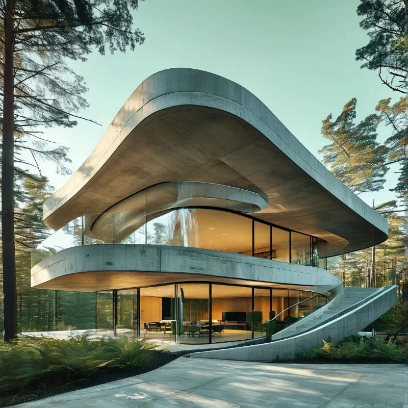 An organic concrete house with sweeping curved roofs sits among tall pine trees, glowing with warm interior light.