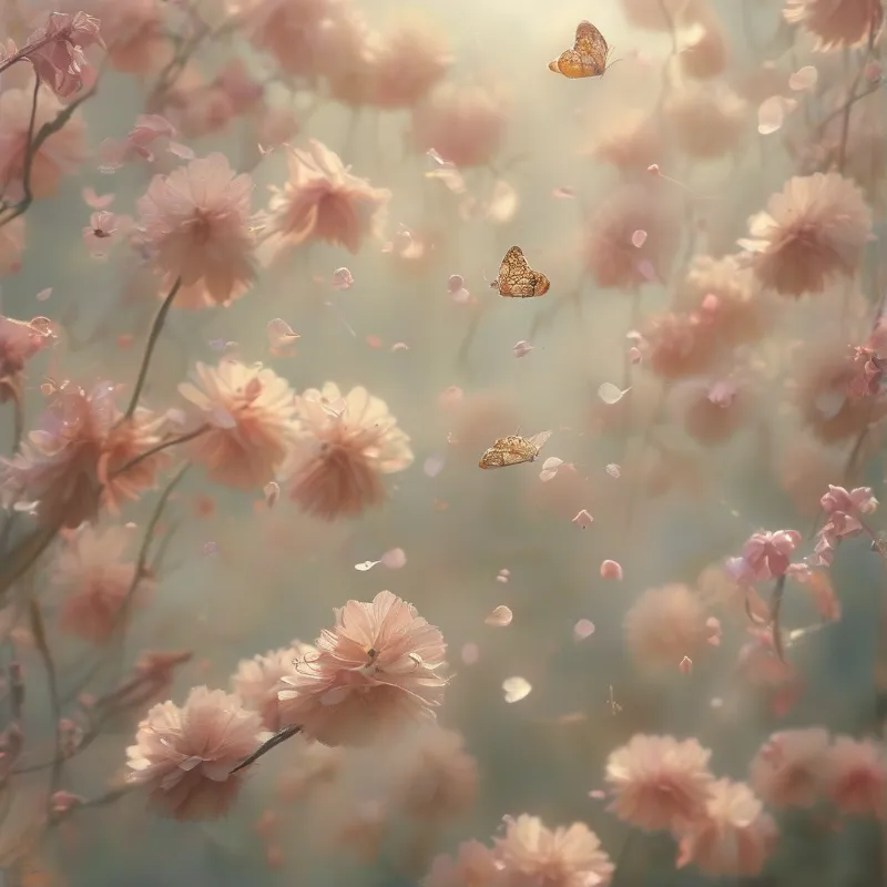 Three orange patterned butterflies fly above a field of pale pink fluffy flowers as petals drift in warm soft sunlight.