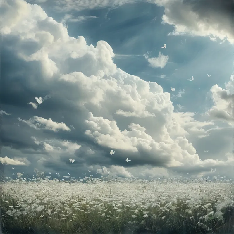 White butterflies soar above a vast field of wildflowers under dramatic clouds and sunbeams.