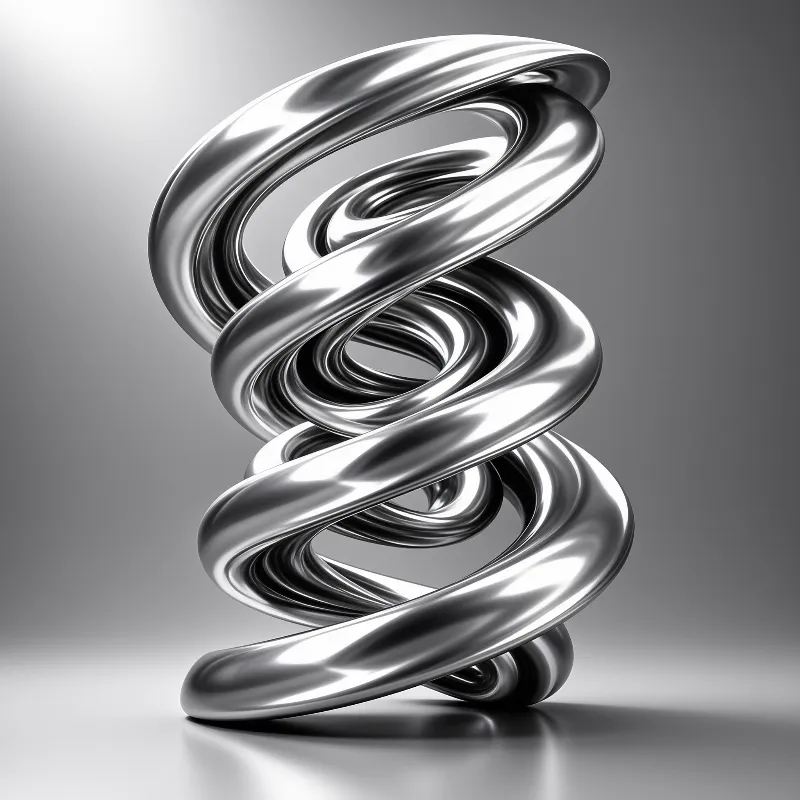 A tall glossy metal spiral with smooth coiled loops stands upright in a neutral gray studio with bright reflections.