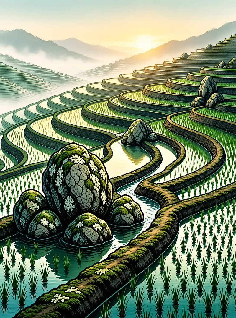 Green terraces step down around mossy boulders as sunrise mist drifts over flooded fields and quiet waterways.