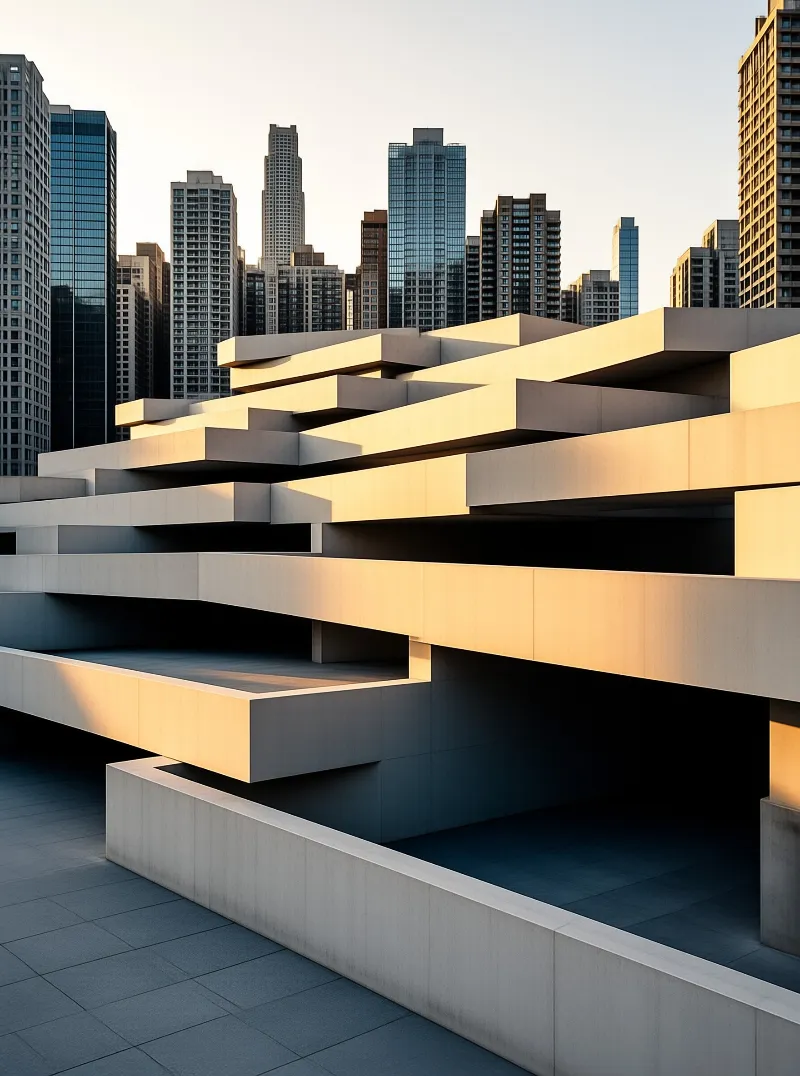 Tiered concrete cantilevered building with horizontal overhangs is lit by warm golden dusk light, against a tall urban skyline.
