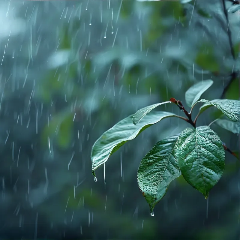Rain falls on vibrant green leaves creating water droplets hanging from the tips against a soft blue background