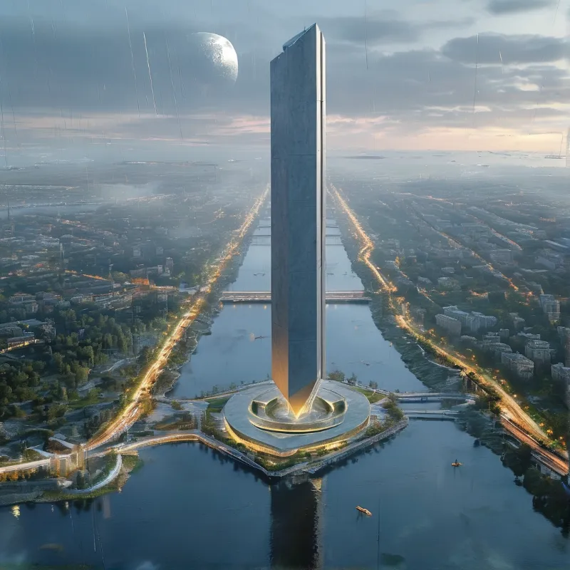 A tall grey rectangular monolith rises from an island at a river bend in an expansive city at twilight, its base lit warmly with a bright moon hanging in the hazy sky.