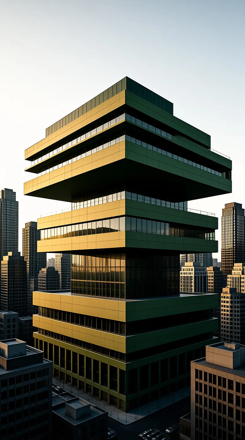 A tall building with alternating yellow and green sections stands among other urban structures during sunset.